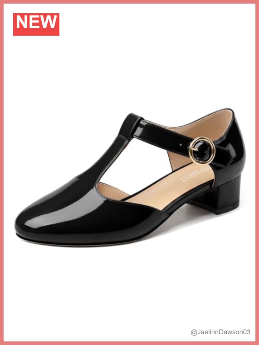 SHOWFOREST T-Strap Mary Jane Low Block Heels Closed Toe Patent Dress Pumps